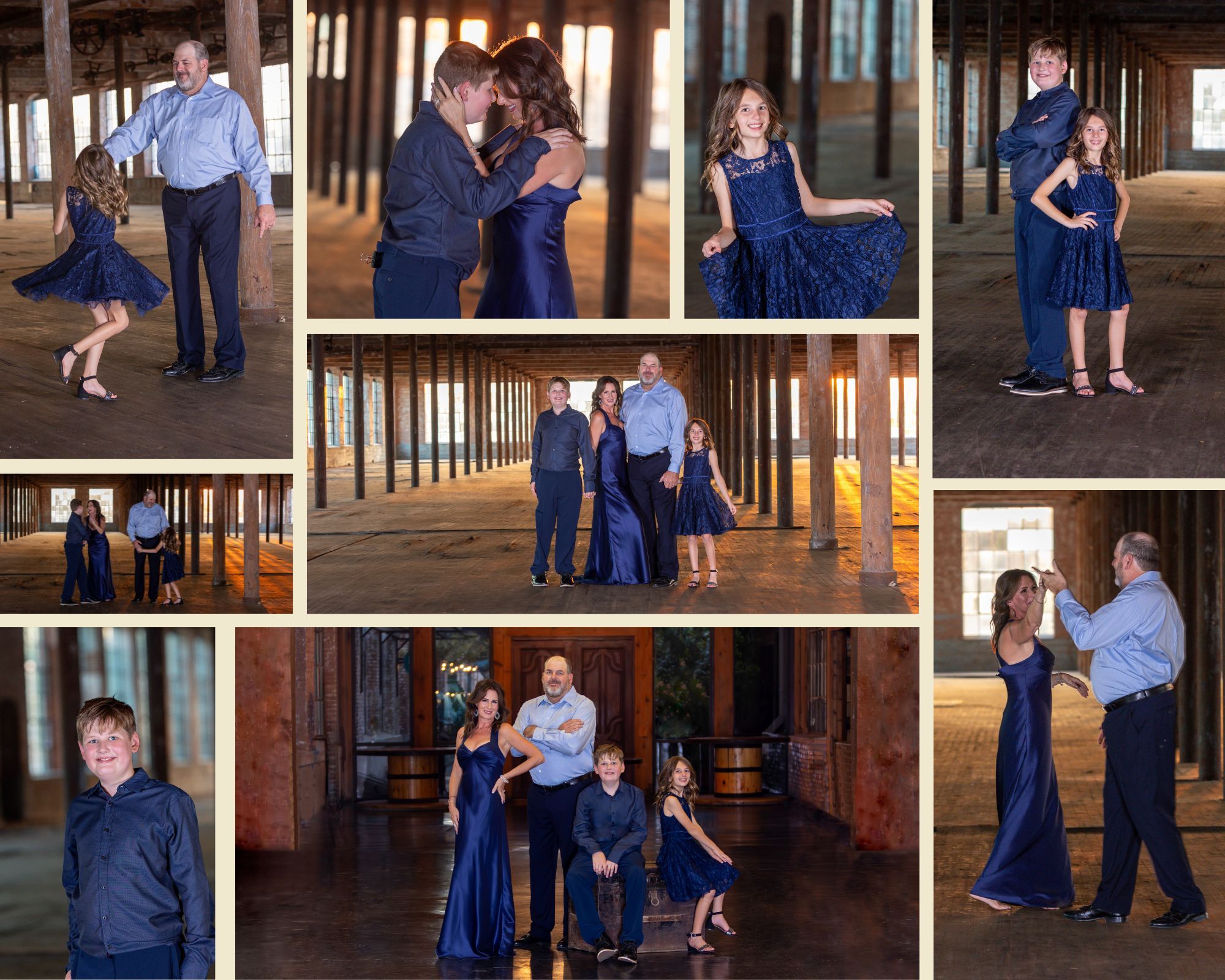 A collection of dance photos showing couples in navy blue formal wear posing and dancing in a rustic indoor venue.