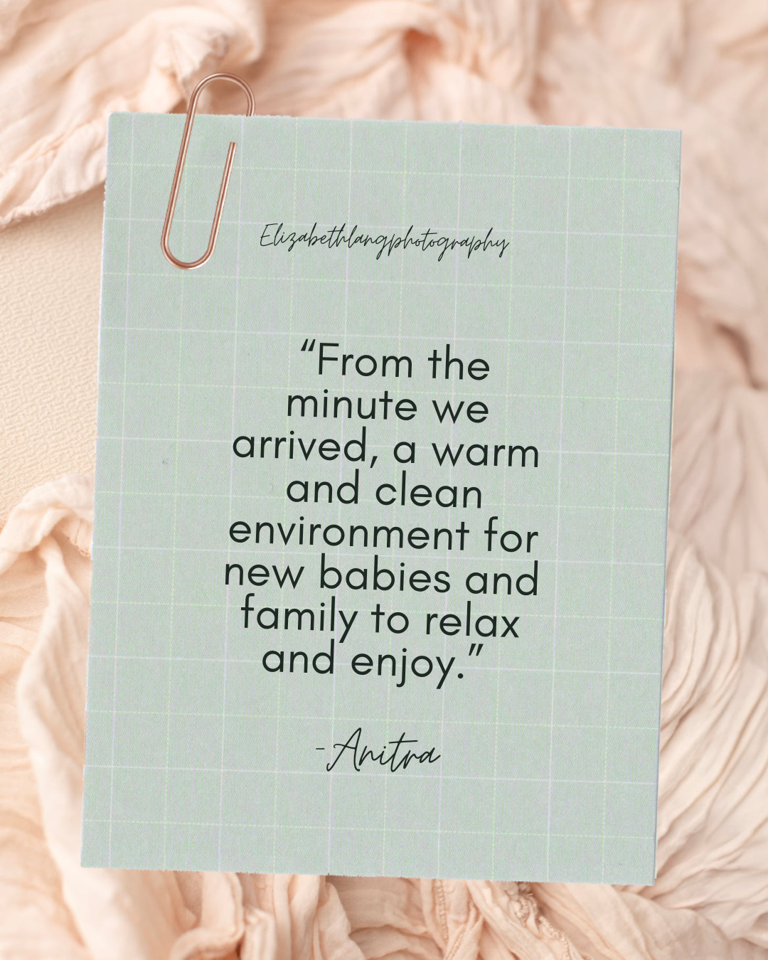 A testimonial quote on mint green paper with a rose gold paperclip against a soft pink fabric background.
