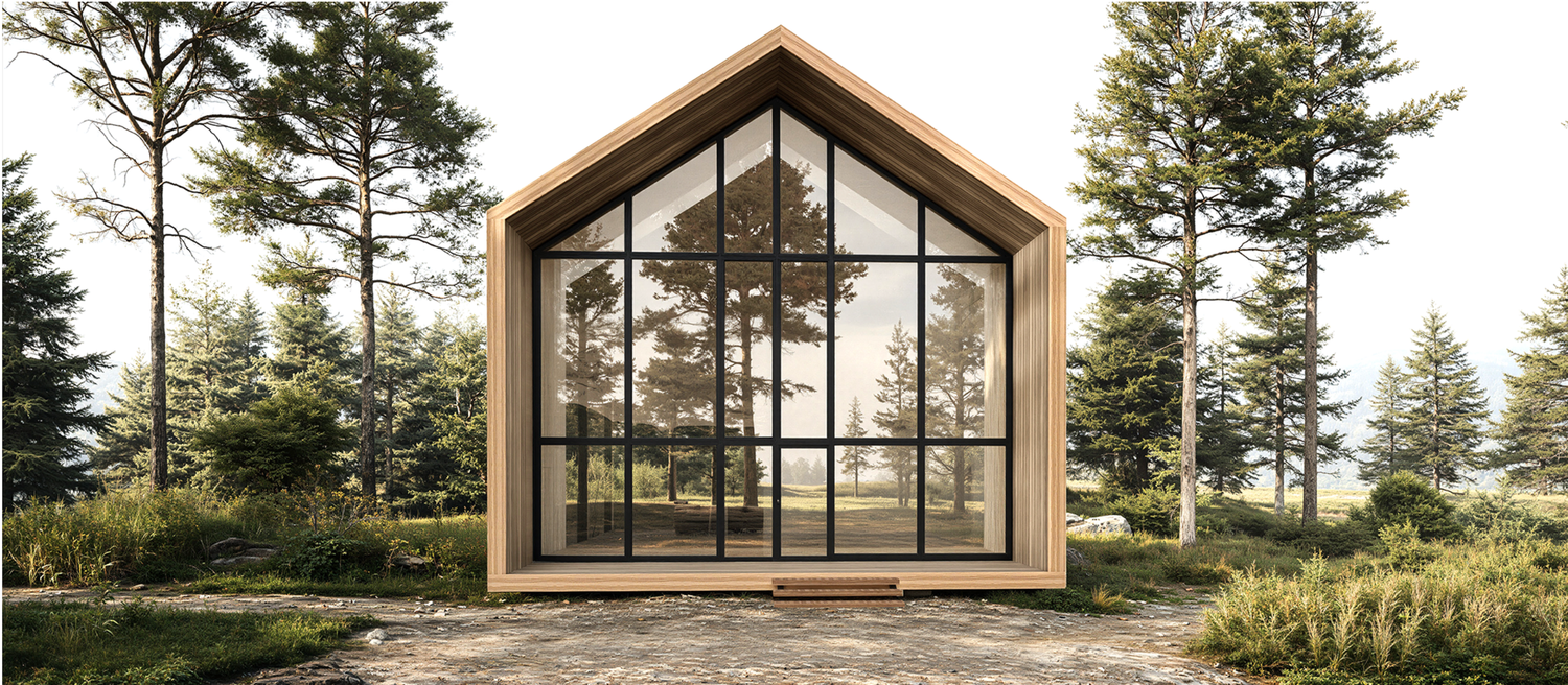 Modern wooden A-frame cabin with panoramic glass windows nestled among tall pine trees in a serene forest setting.