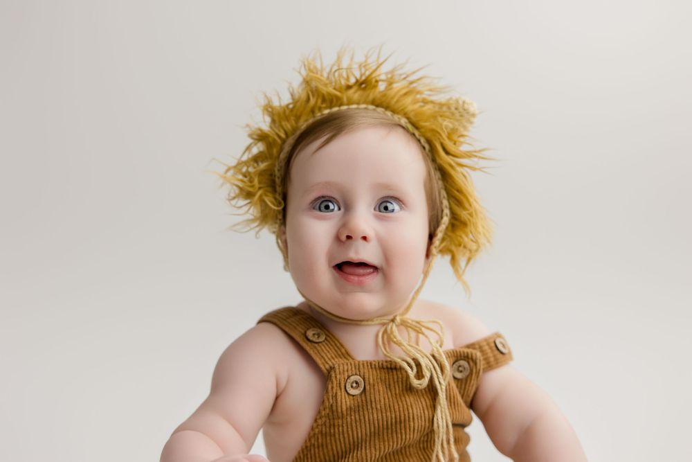 Six photos of infant in fuzzy lion costume making adorable expressions and poses against neutral-colored backdrop.