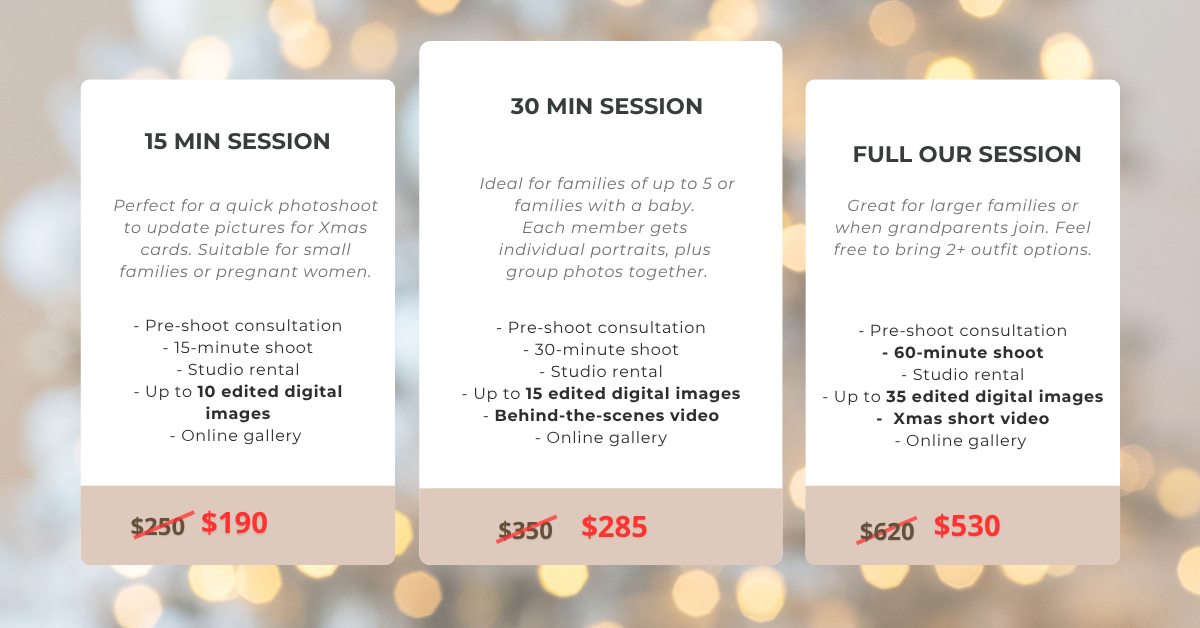 Pricing section background with blurred warm bokeh lights and white text blocks in grid layout for photo session packages.