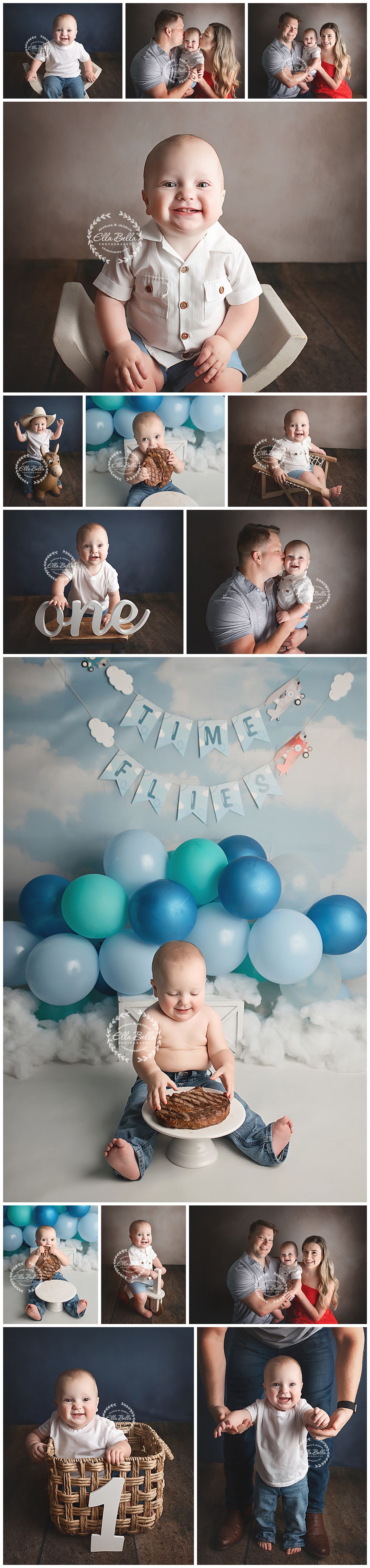 A baby's first birthday celebration with blue balloon garland decorations and cake smash photos in a collage format.