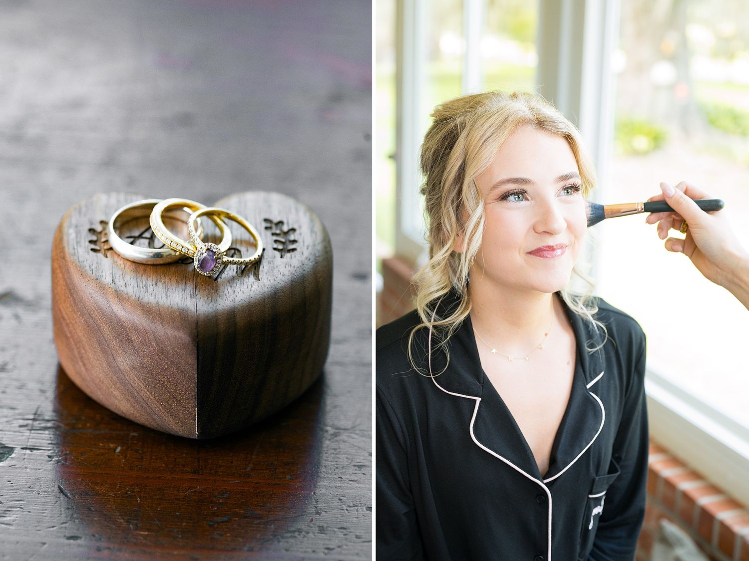 Wedding day preparation details including rings and accessories in natural light.