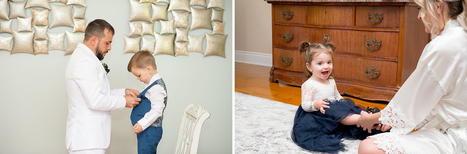 Wedding day candid moments with children and family in a rustic indoor setting.