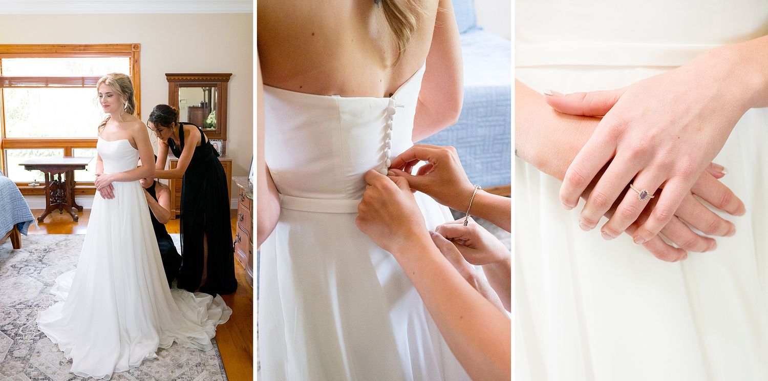 Getting ready sequence showing details of a white wedding dress and preparations for the ceremony.