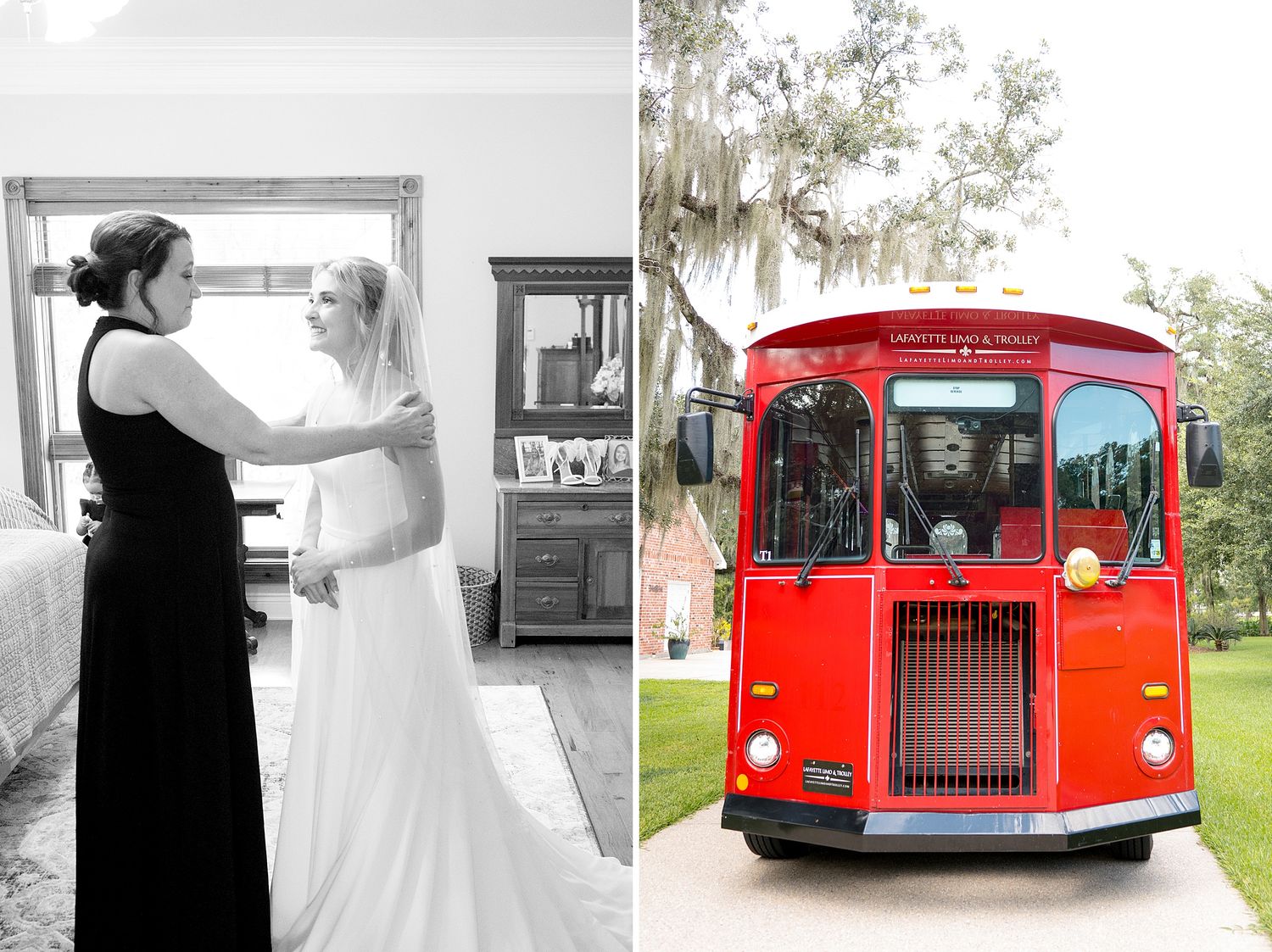 Wedding day moments captured with vintage red trolley bus in background.