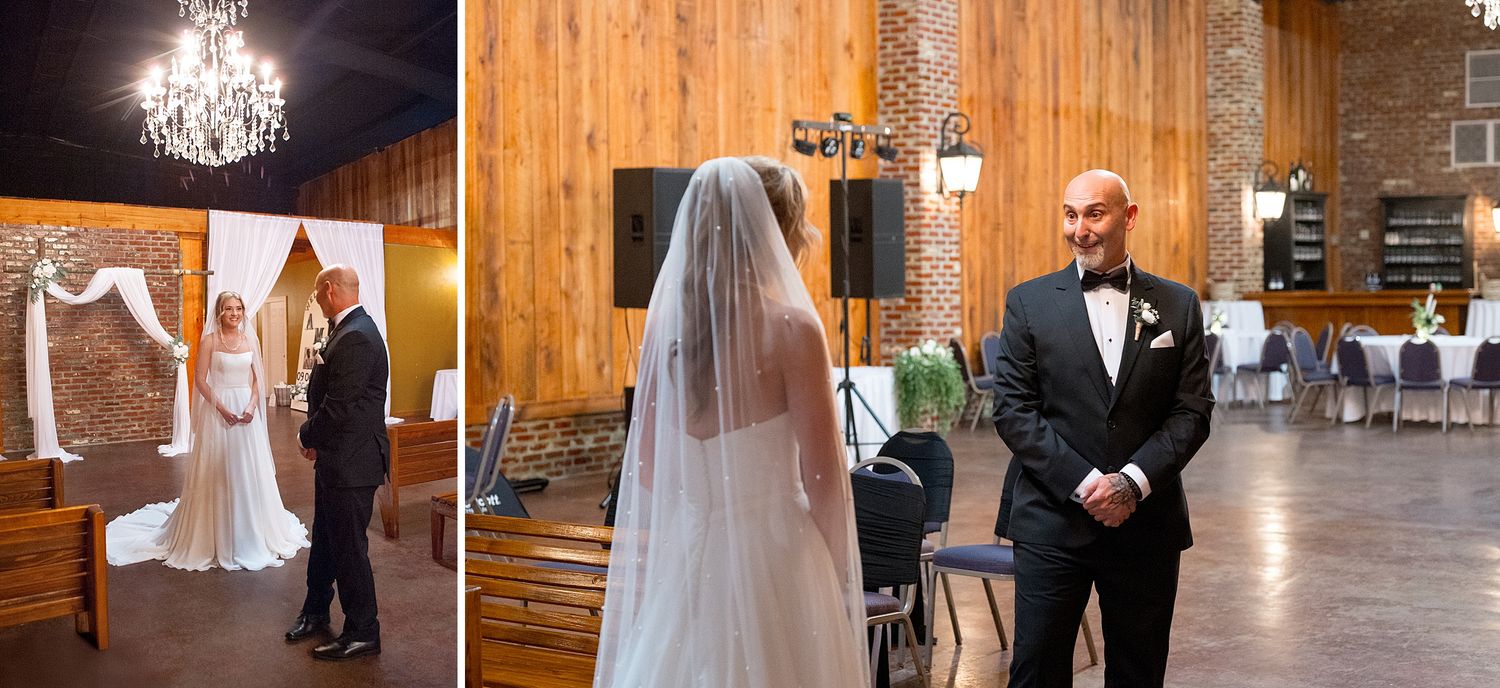 Wedding ceremony in rustic wooden venue with elegant chandelier lighting.