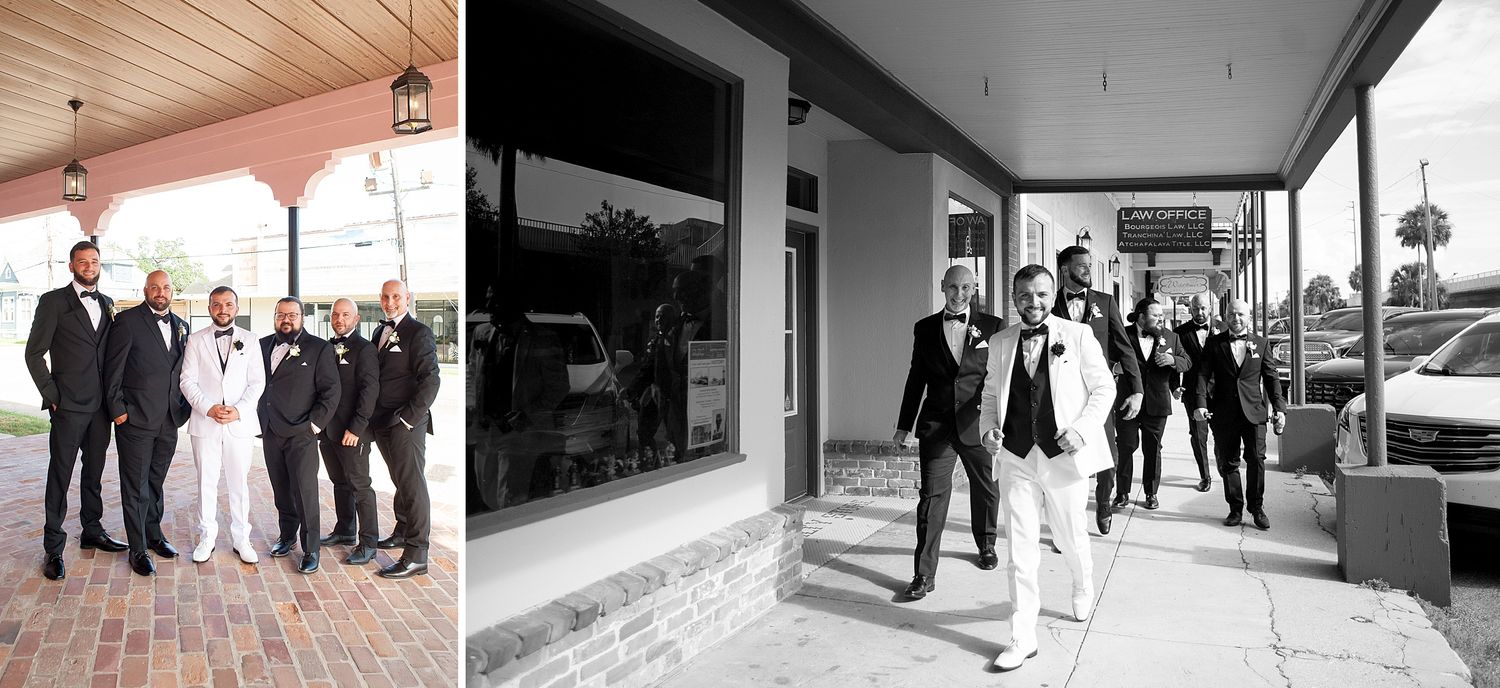 Wedding party and guests gathering outside venue entrance.