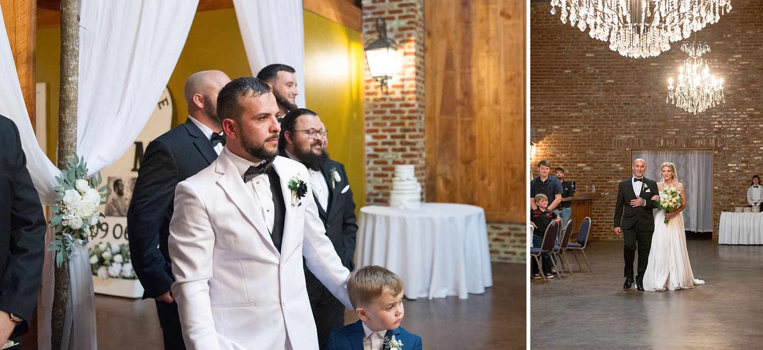Indoor wedding reception venue with elegant chandeliers and brick wall details.
