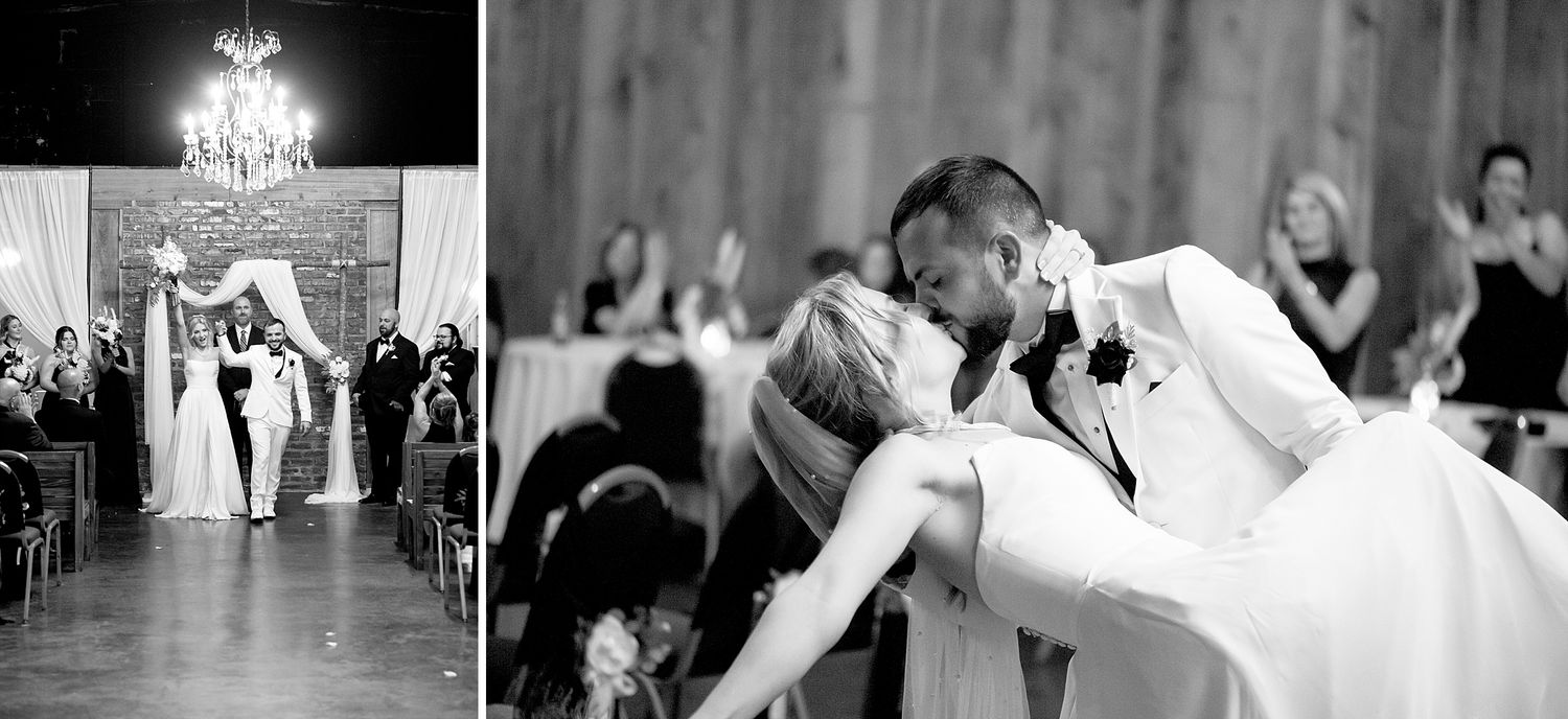 Romantic wedding dance dip under elegant chandelier in reception venue.
