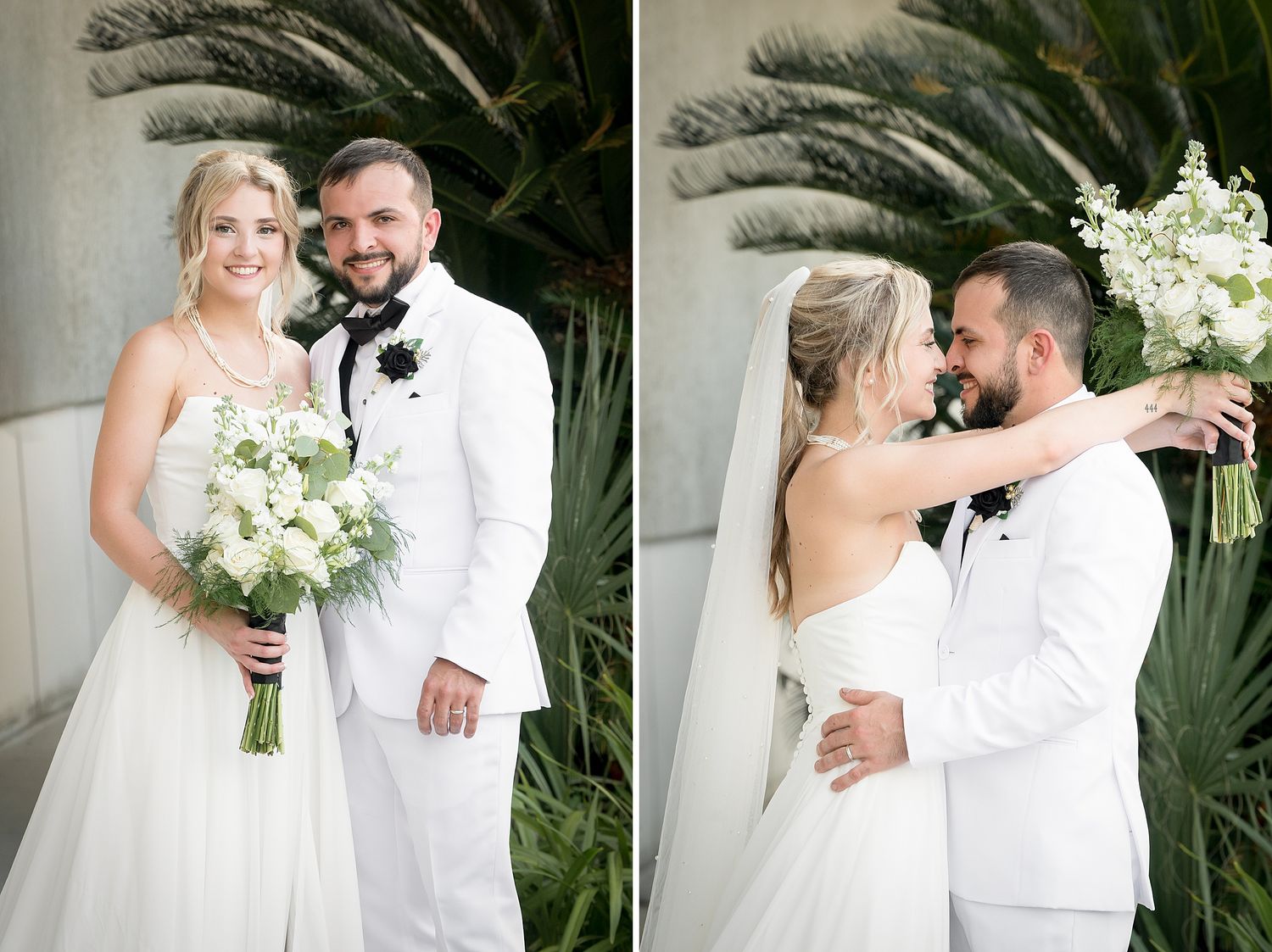 Couple in white wedding attire embrace by palm tree during outdoor portrait session.
