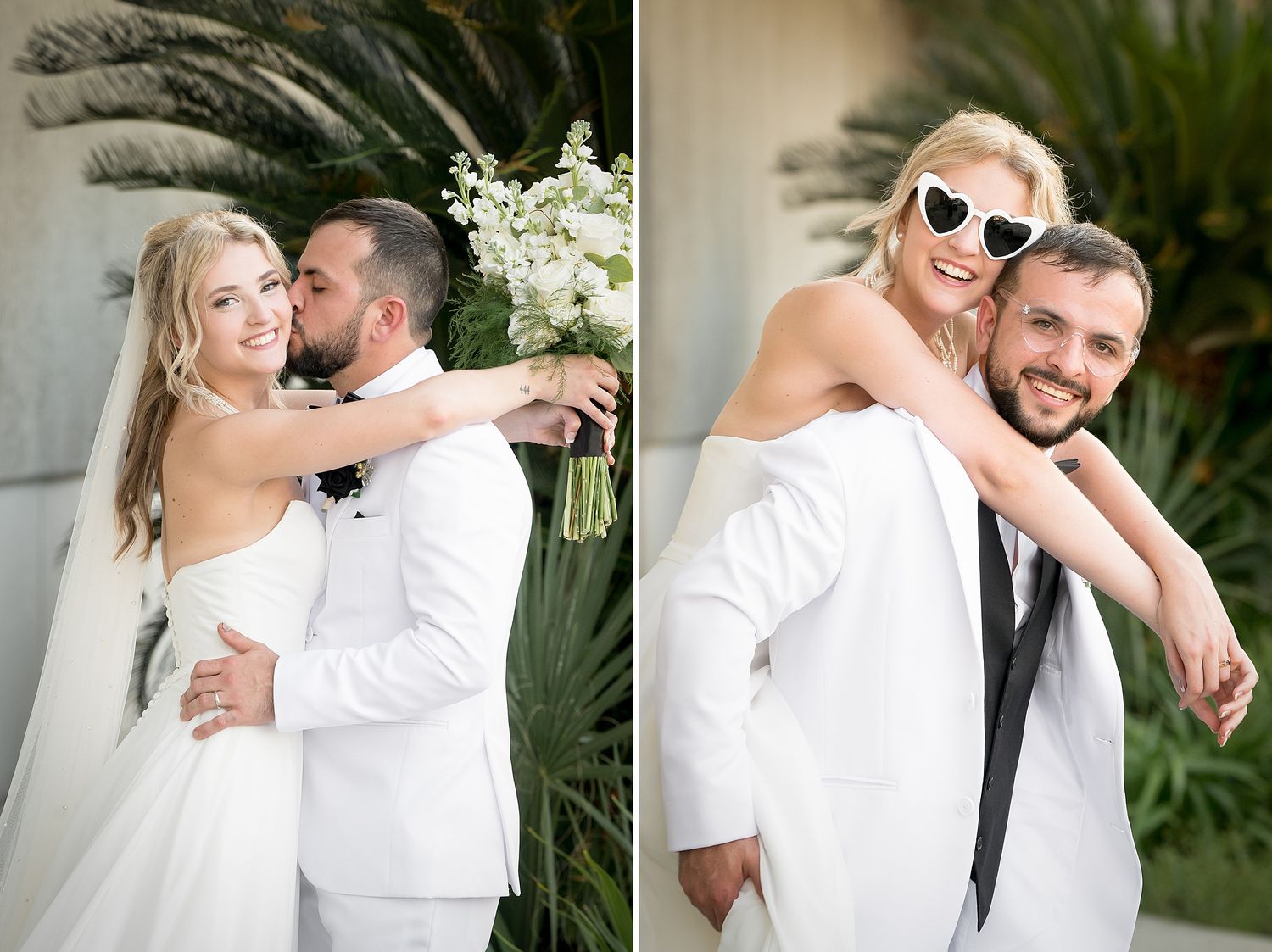 Newlyweds share romantic moments in outdoor portraits with palm trees and sunglasses.
