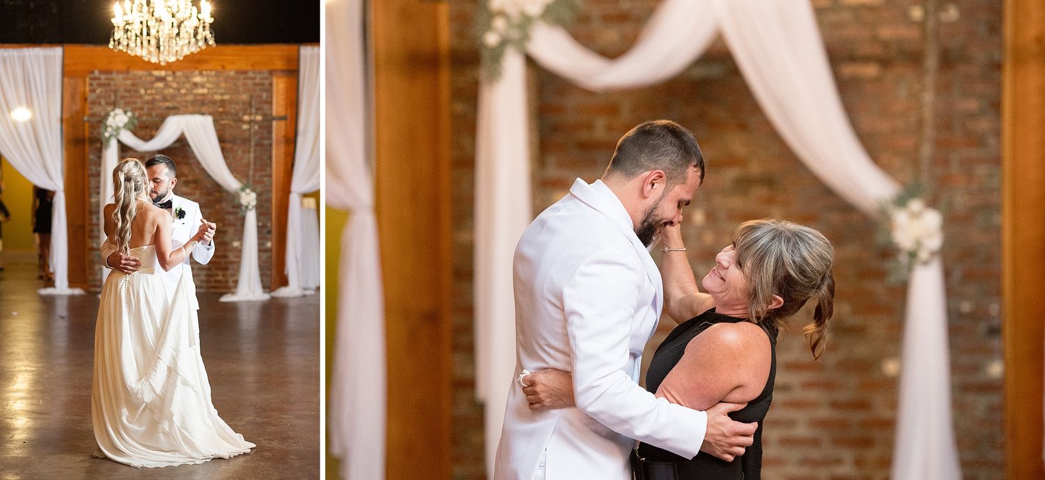Wedding ceremony moments under crystal chandelier with romantic lighting and draped fabric.