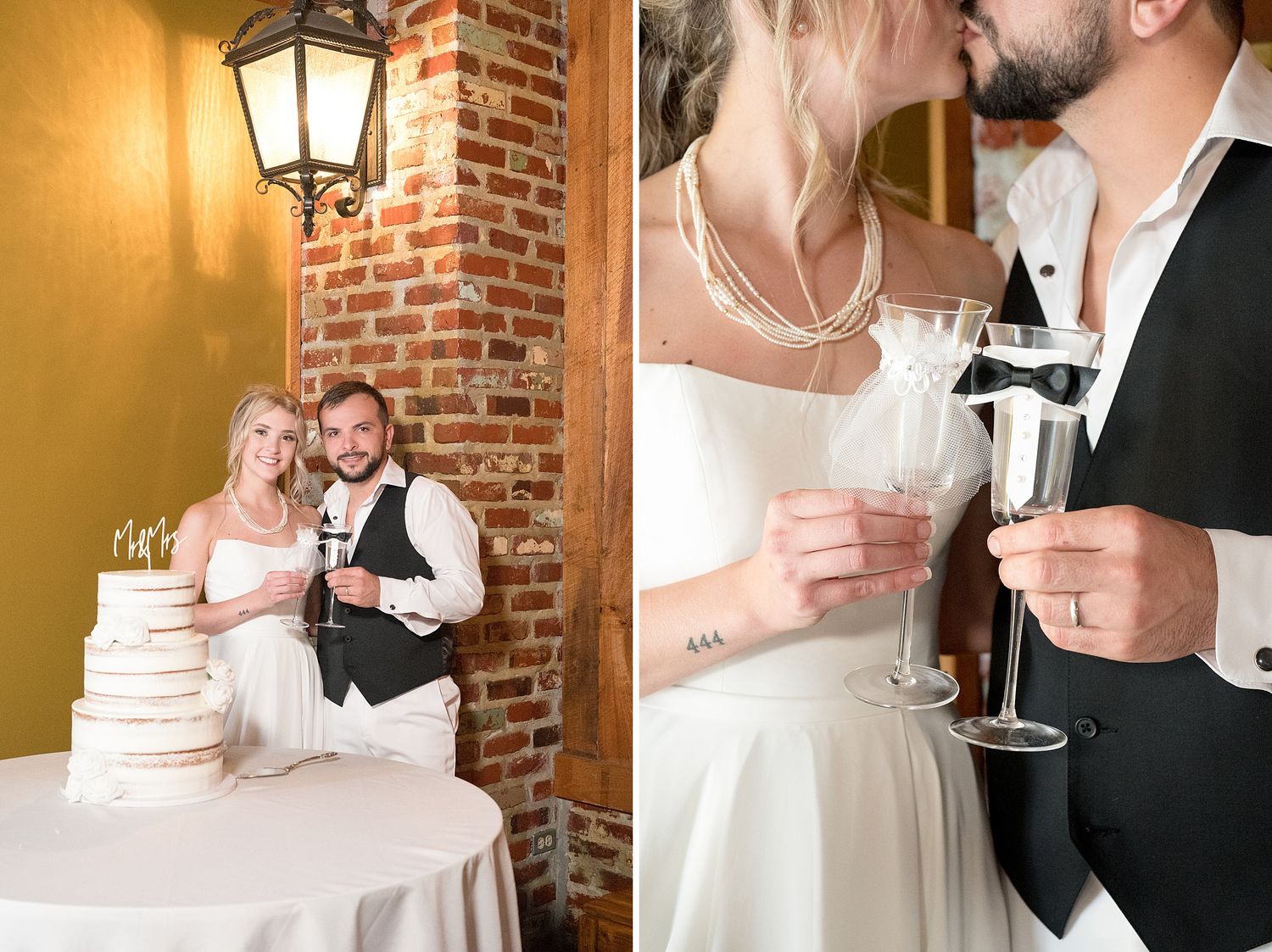 Wedding couple cuts cake and shares champagne toast at brick-walled reception venue.