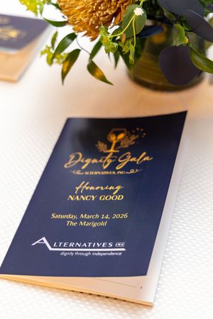 Navy blue Dignity Gala program honoring Nancy Good at The Marigold on March 14, 2026, by Alternatives Inc.