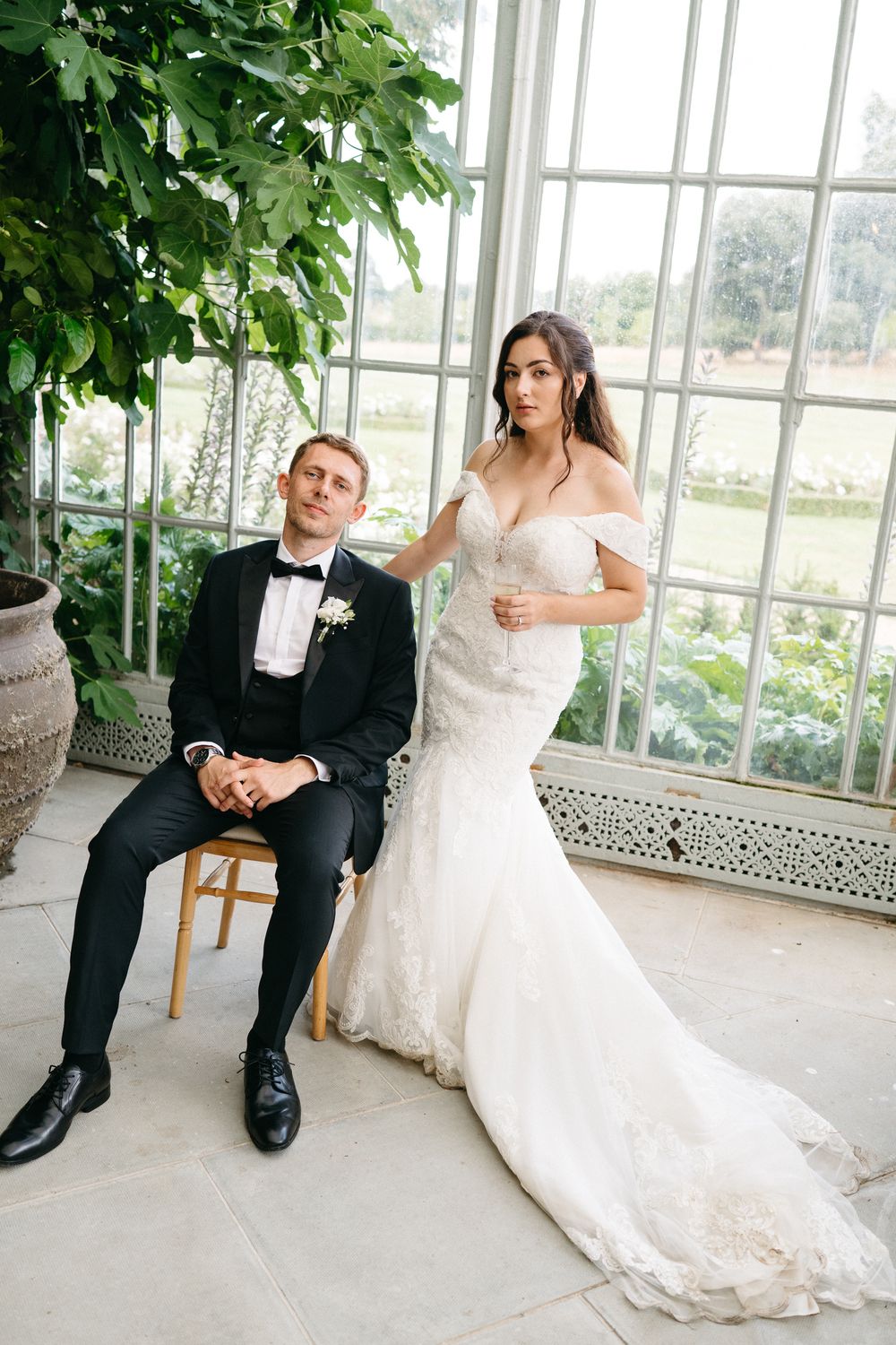 Artistic wedding photo sequence showing couple sitting in bright conservatory with elegant bridal gown and classic tuxedo.