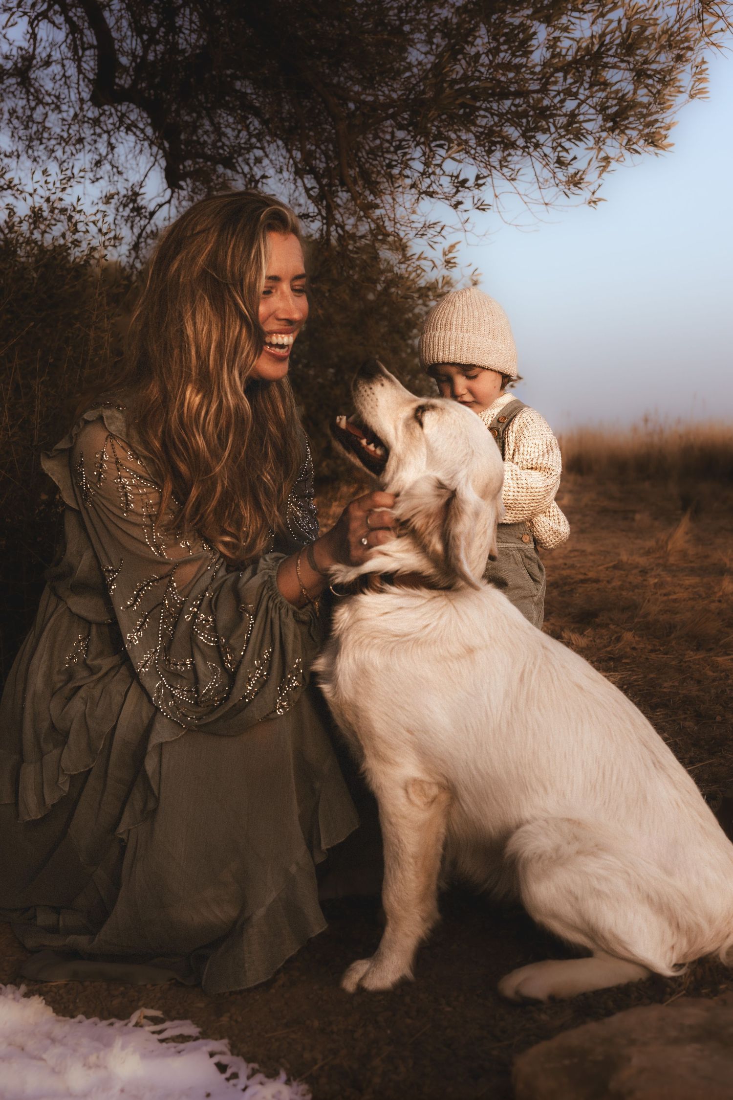 A heartwarming outdoor moment in Denia  with a white dog and companions under a tree at sunset. Denia photographer