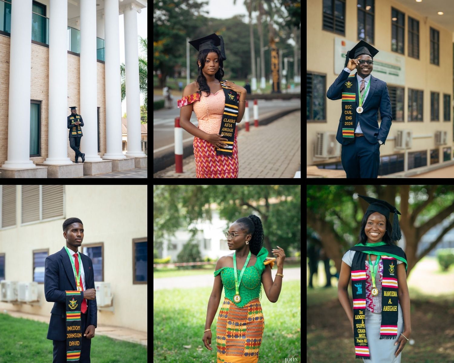 Compilation of graduation portraits showing various poses and celebratory moments.
