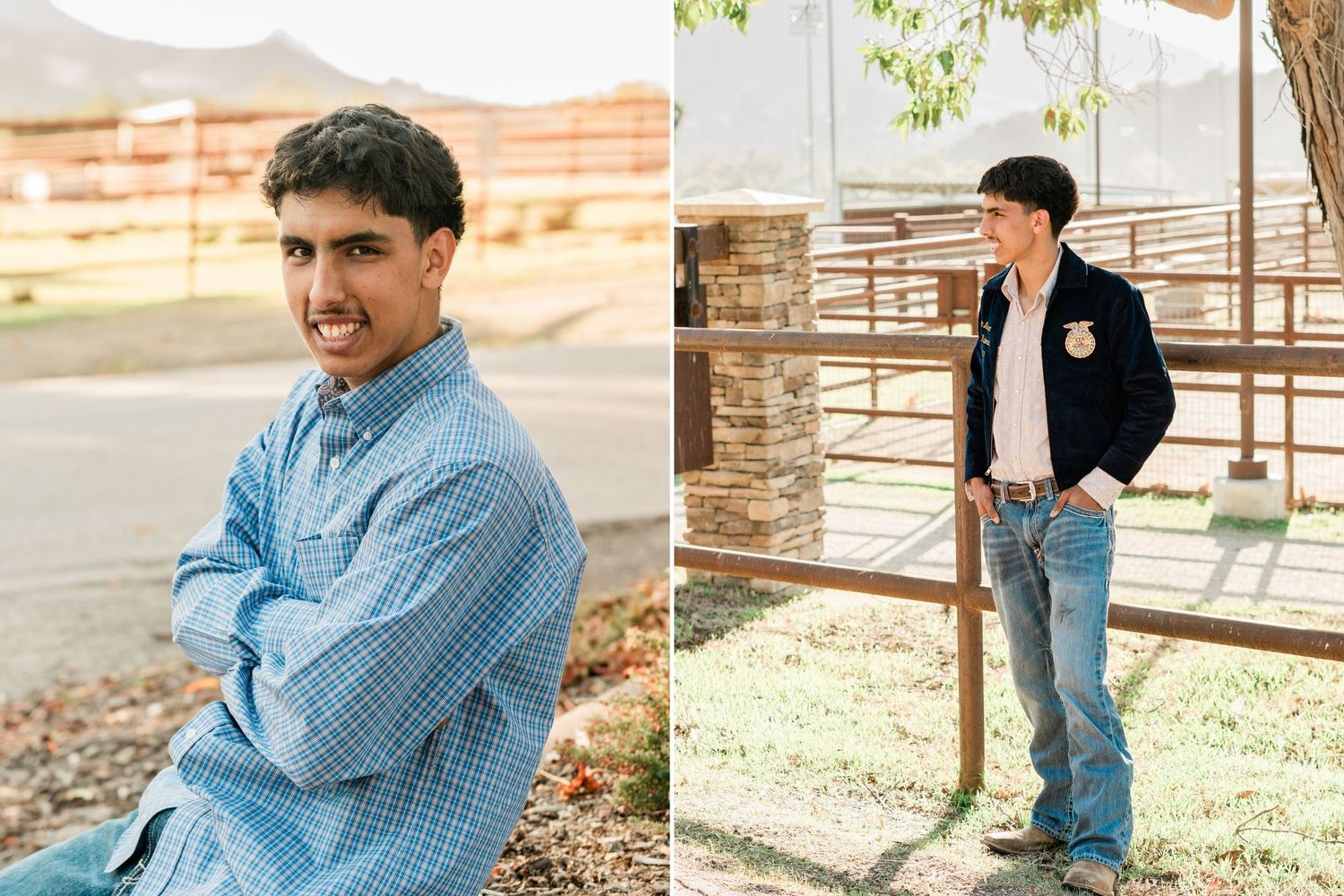 senior standing in front of fence for senior photos in San Luis Obispo wearing jeans and boots and blue shirt