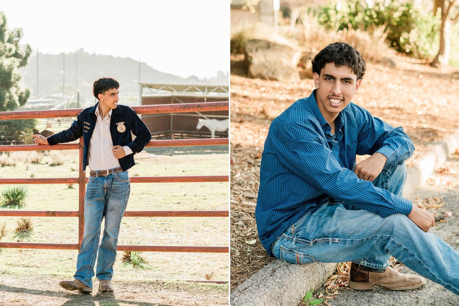 senior guy photo session leaning on fence and sitting on curb in dark blue shirt for slo high senior photos