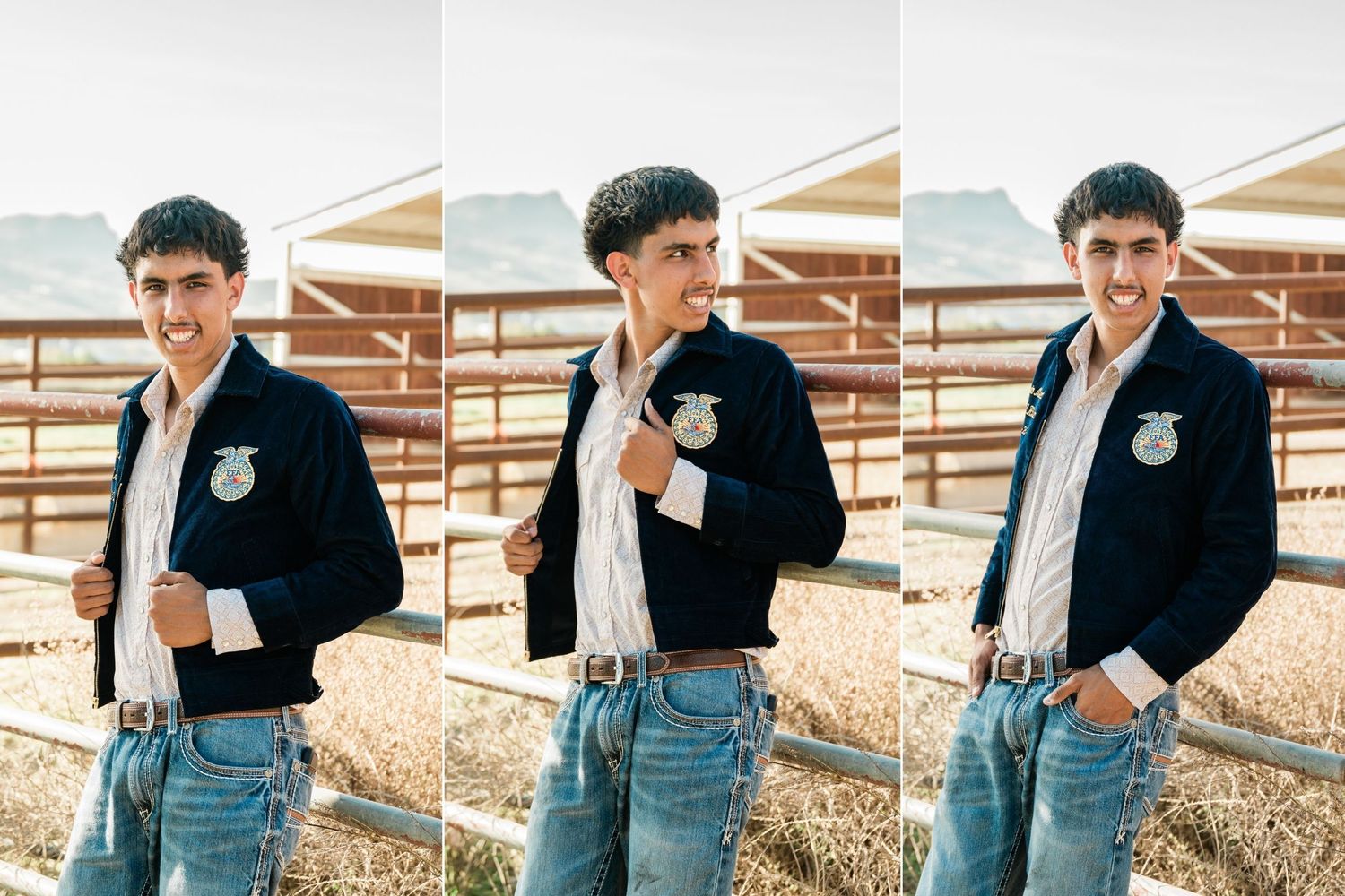 senior guy in FFA jacket and leaning on fence for senior photos in San Luis Obispo by senior photographer Felisha connolly