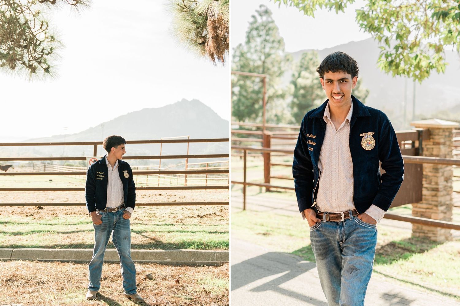 senior standing in open field and leaning on a fence in FFA jacket for senior photos slo high senior