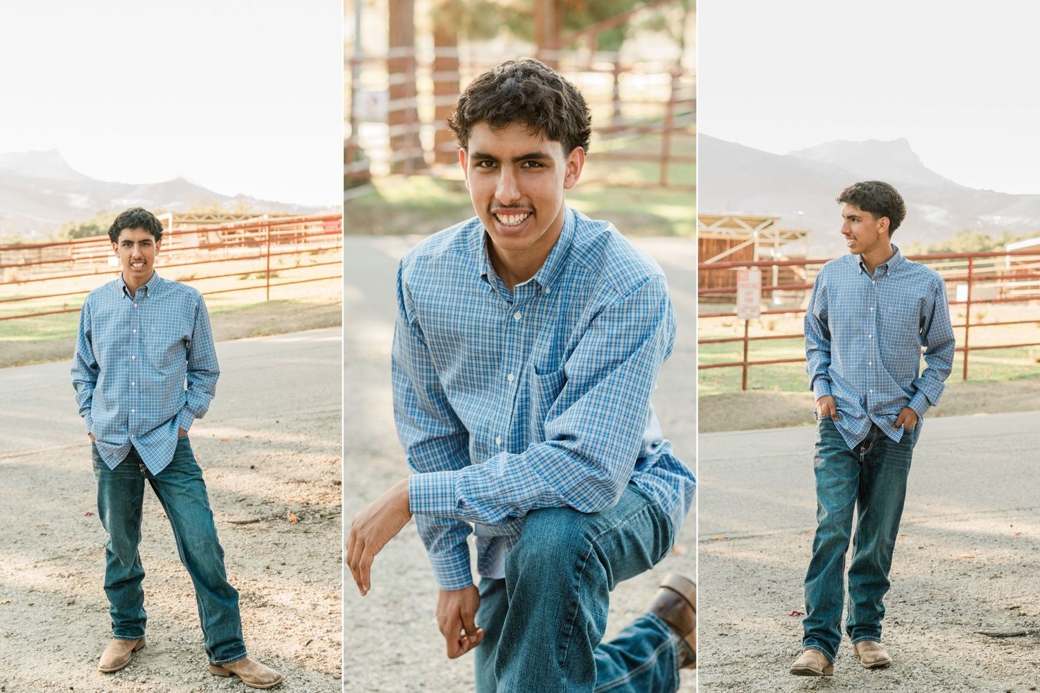 senior wearing blue jeans and blue long sleeve dress shirt and boots for slo high senior photo session