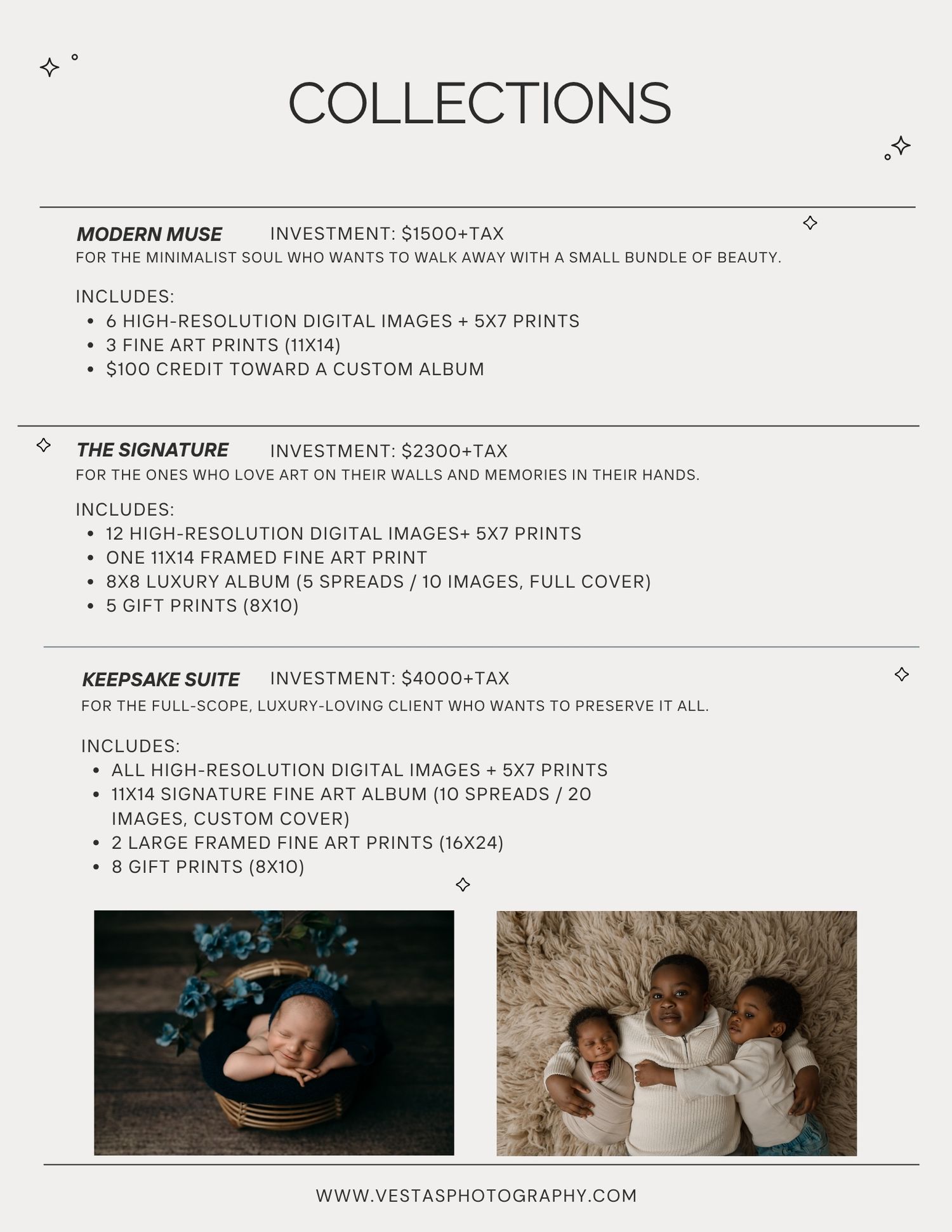 A professional photography pricing guide layout showing collection packages and investment options with sample images.