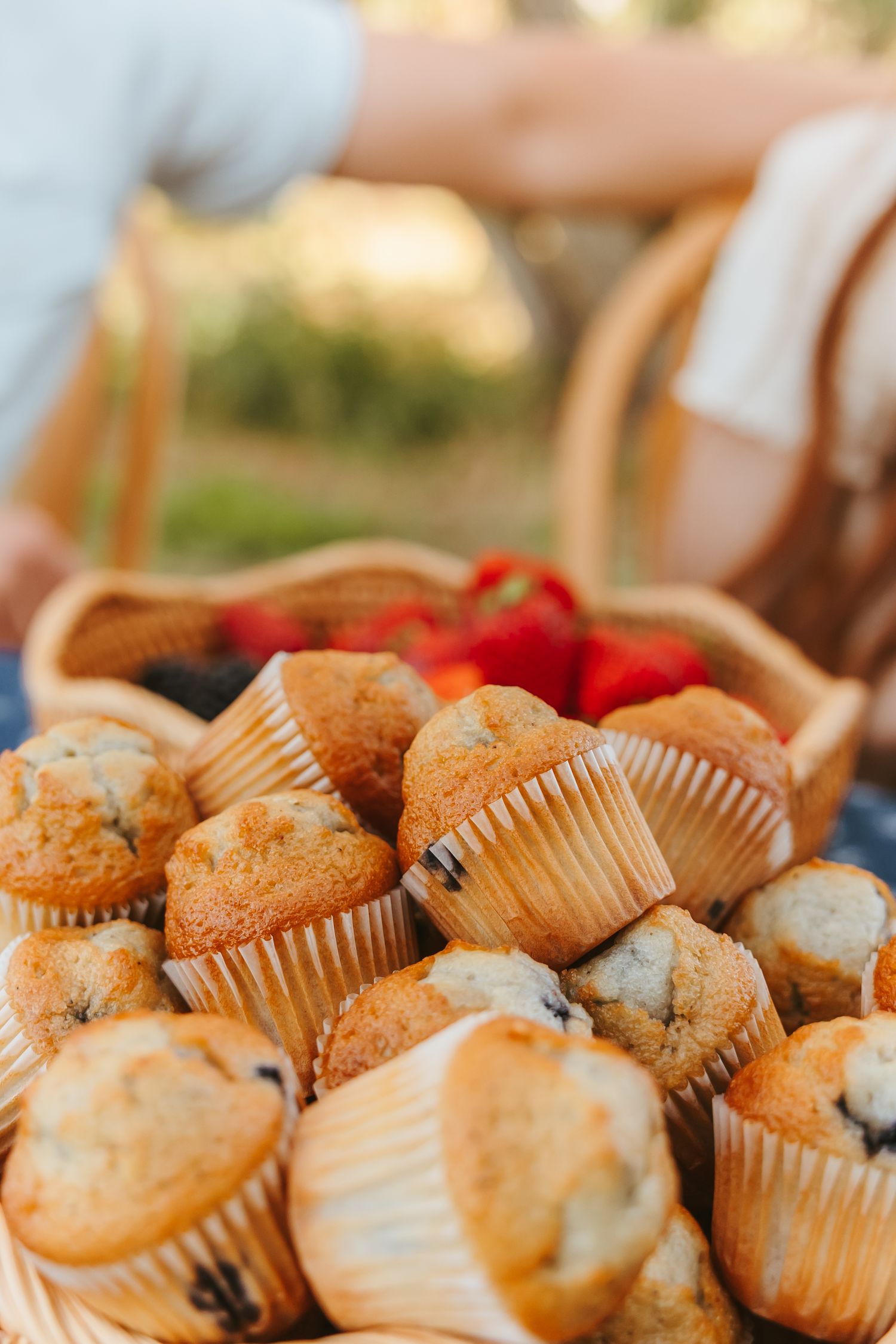 Fresh baked blueberry muffins arranged in rows on a rustic wooden surface.