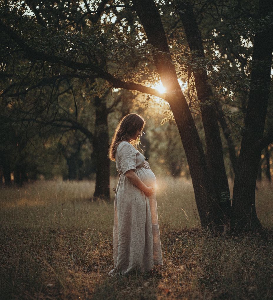 Silhouette of expectant mother in flowing dress stands in sunlit forest clearing at golden hour. maternity photographer in london