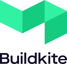 Abstract geometric shapes in green and white form a modern architectural pattern with the Buildkite logo.
