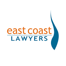 A blue and orange East Coast Lawyers logo design featuring a sail-shaped icon and modern typography.