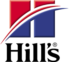 A collection of red and blue corporate logos for Hill's pet food company arranged in a horizontal line.