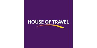 A purple travel website header banner with white text reading 'House of Travel' and a yellow circular icon.