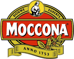 Moccona coffee logo featuring red banner design with figure in yellow circle and established date of 1753.