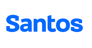 A blue and white Santos logo design with text against a white background.