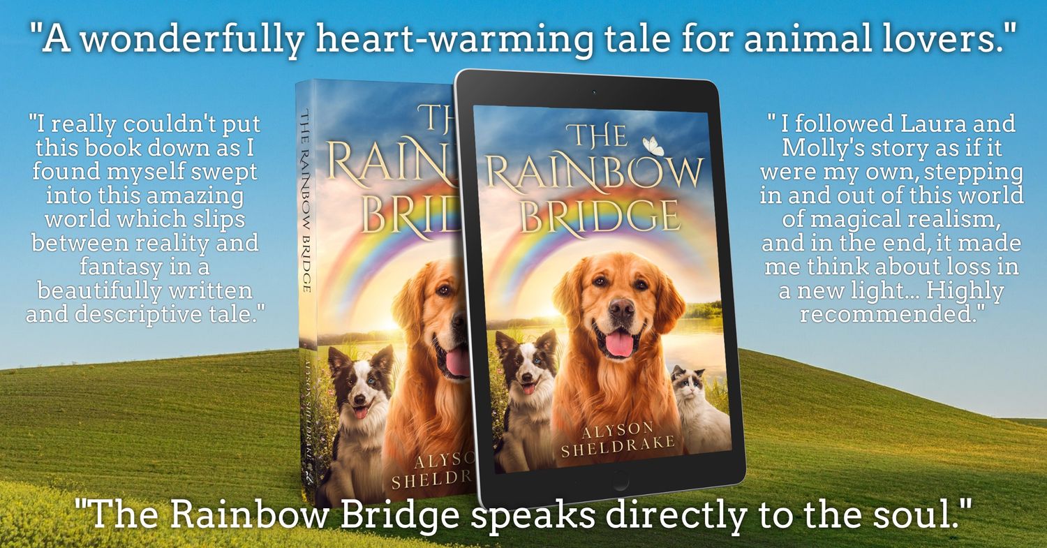 The Rainbow Bridge book promotional image featuring two copies and glowing reader reviews about the heartwarming tale.