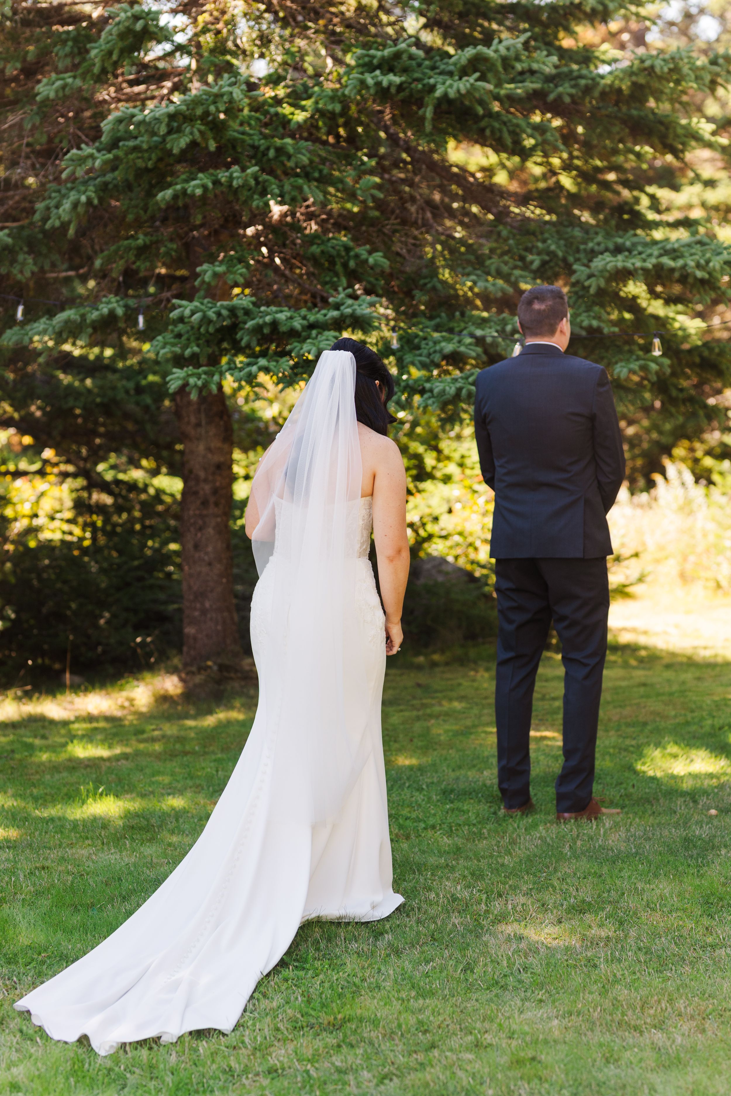 A bride and groom stand together on a grassy lawn with sunlit trees in the background, her white veil trailing behind.