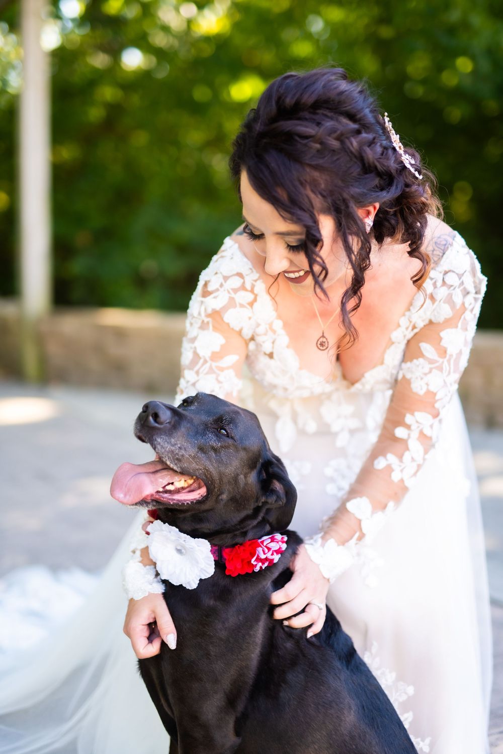 A heartwarming moment between a bride in a white lace dress and a black dog wearing a red bowtie.
