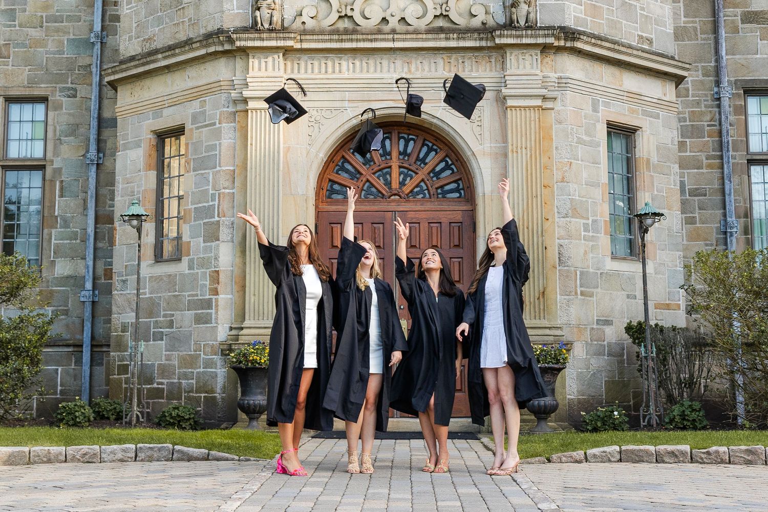 Fairfield University Graduation Photos Bellarmine Hall Stag Statue Fairfield Sign SeaGrape Senior Phots FairfieldGrads Group Friend Photos