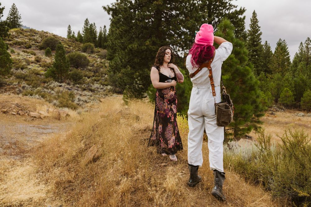 People hiking along a scenic mountain trail surrounded by pine trees.