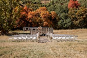 Outdoor wedding ceremony setup with white chairs against autumn foliage and mountain scenery.
