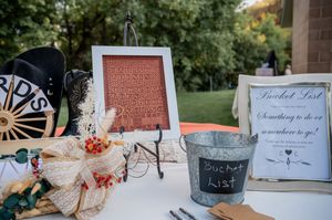 Wedding reception details showing decorative signs and party favors on rustic wooden table.