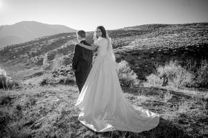 Elegant wedding dress flowing in the wind against mountainous desert landscape.