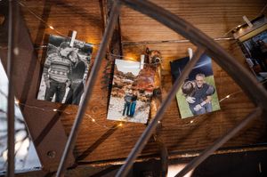 Collection of wedding photos displayed on rustic wooden boards.