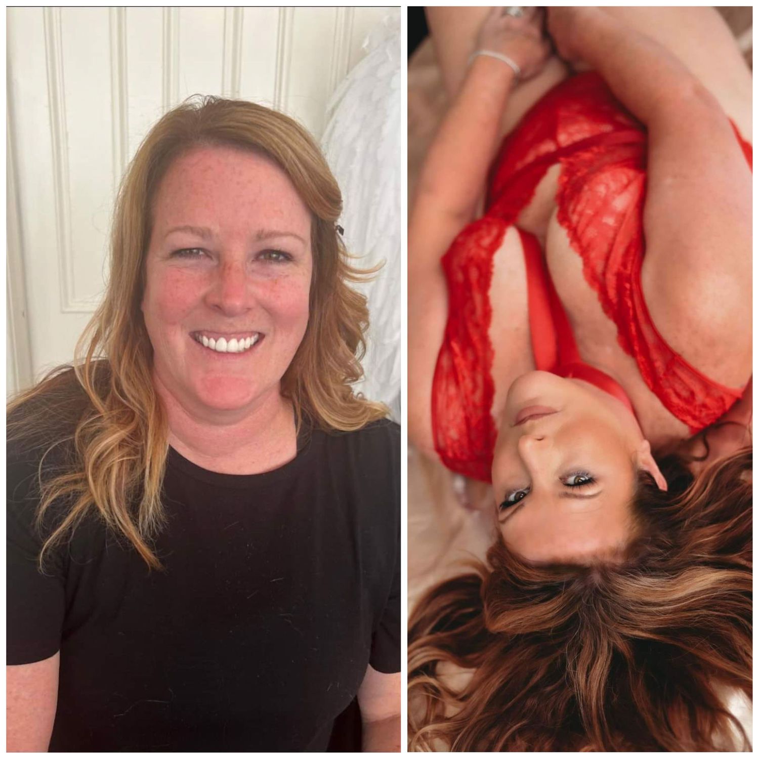 Before and after image of a woman at a boudoir studio before and after she has her makeup and hair done.