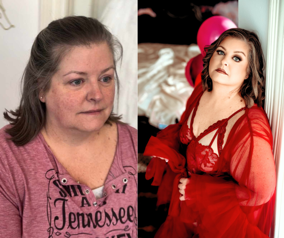 Before and after image of a woman at a boudoir studio before and after she has her makeup and hair done.