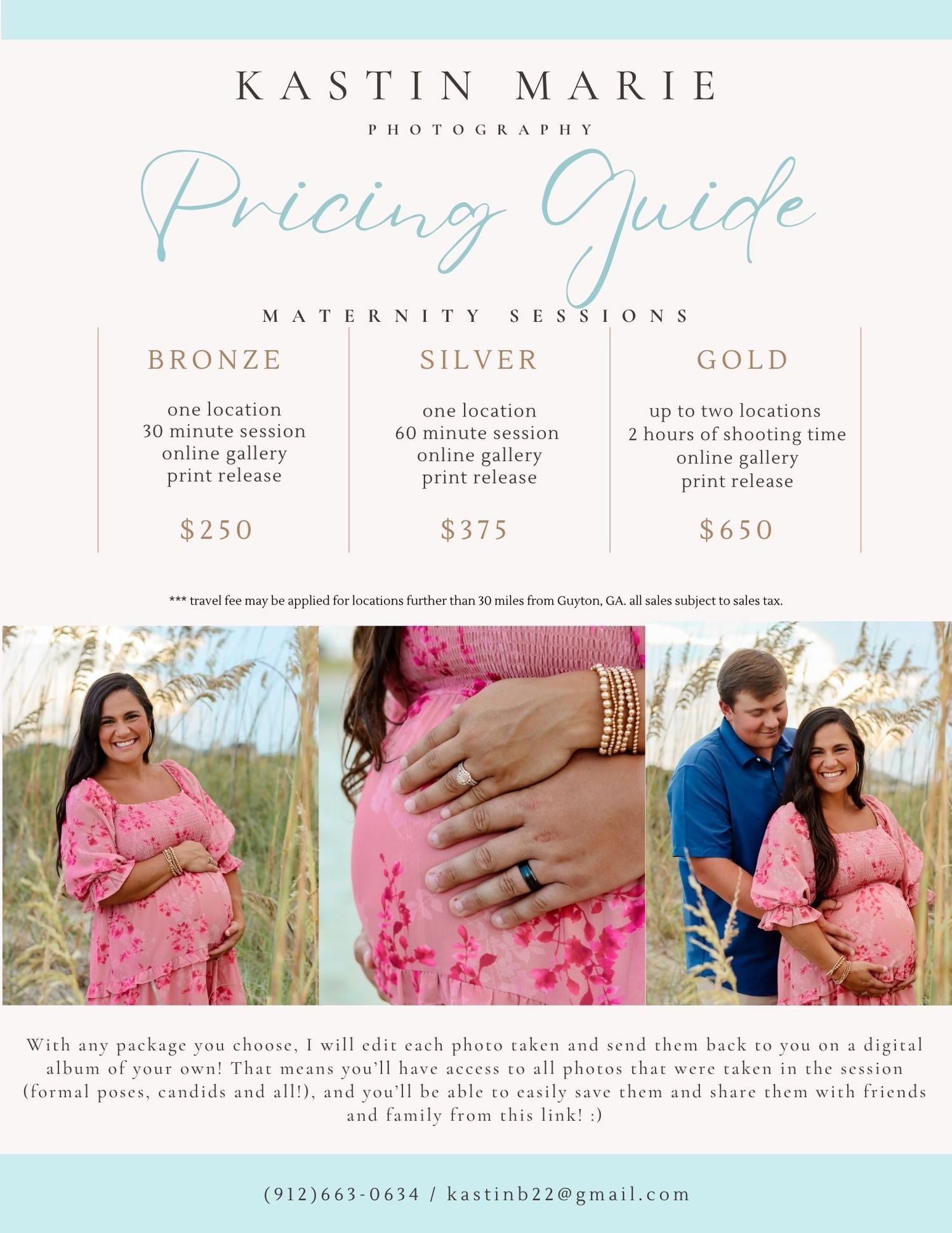 Photography pricing guide template showing maternity session packages with bronze, silver and gold tiers in pink and blue tones.