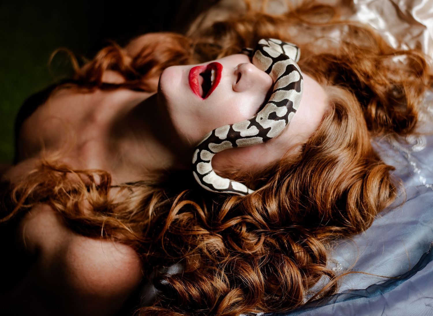 Boudoir photography of a close up woman with red lips and hair with a snake covering her eyes, in a studio session in Ogden Utah