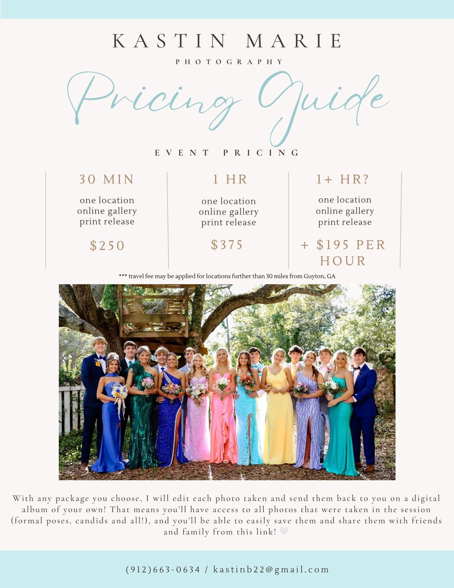 Wedding photography pricing guide with colorful bridal party photo and service packages displayed on light blue background.